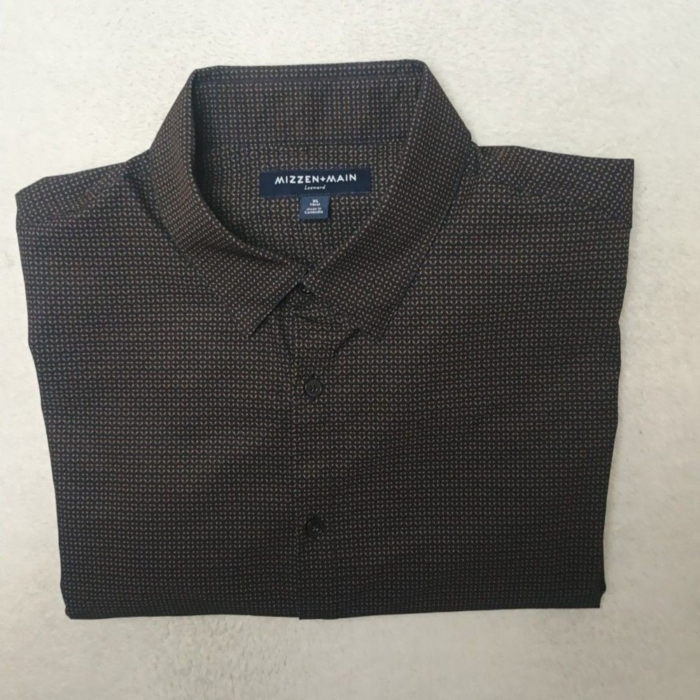 Mizzen+Main Shirt Mens XL Brown Geometric Trim Button-Up Long Sleeve Leeward